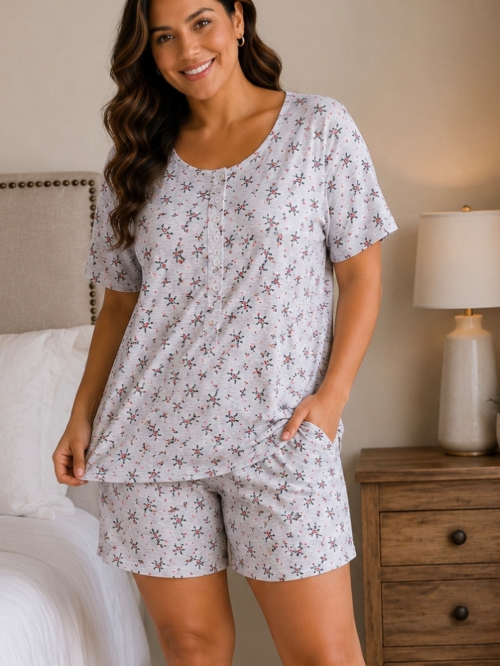 Amanda Stewart Women's Pajama Set Large Gray Floral Henley Shorts (SKU0283)